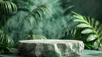 Stone pedestal in a lush green jungle setting. Copy space. Generative AI	