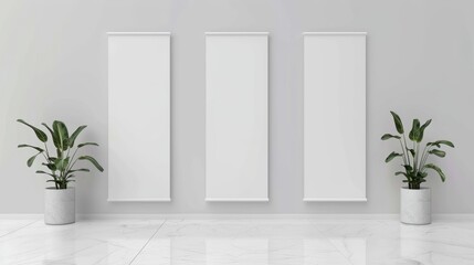 The white empty portable booth stand or roll up board is ideal for advertising and promotion. This realistic modern illustration set includes a blank vertical pull-up information banner mockup