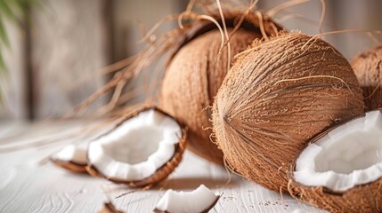 Coconut Shells on a White Wooden Surface