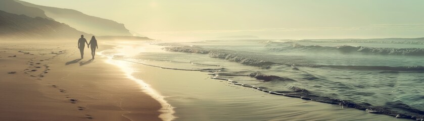 Obraz premium Relaxing silhouettes on a peaceful beach, gentle waves, fluid motion, soft light, soothing background, illustration