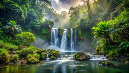 Breathtaking mist-shrouded rainforest landscape featuring majestic waterfall cascading into serene river, surrounded by lush green vegetation, ideal for natural ambiance.