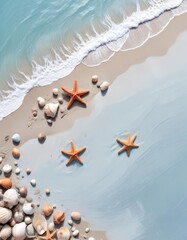 A summer beach theme with seashells and starfish on a light blue background creates a top-down view and room for text.