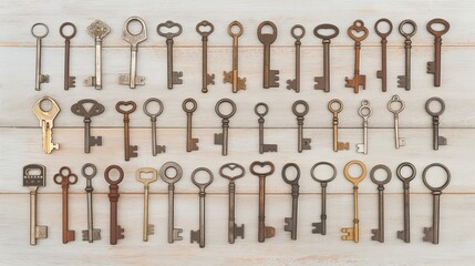 Collection of keys from different eras, historical evolution, diverse keys