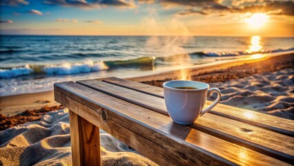 Serene seaside scene featuring a steaming hot beverage on a weathered beach bench, bathed in warm sunlight and gentle ocean breeze.