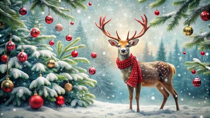 Festive holiday postcard featuring a reindeer adorned with a vibrant red dotted scarf standing amidst snow-covered evergreen trees and ornaments.