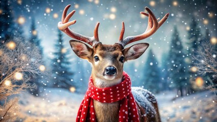 Fototapeta premium Adorable reindeer adorned with vibrant red dotted scarf and jingling bells poses on snowy winter wonderland festive background scene.