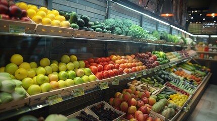 Obraz premium Variety of fresh fruit and vegetables for sale in the market local agricultural product background wallpaper AI generated image