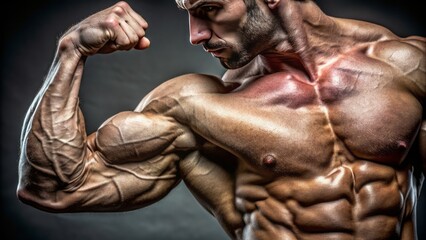Fototapeta premium Ripped muscular arm with prominent bicep flexed to show immense strength and power symbolizing human body perfection and peak physique.