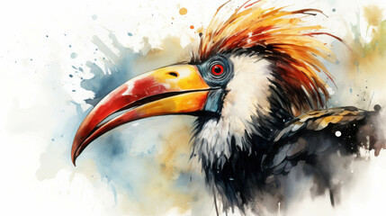 Detailed Watercolor Portrait of a Bird with a Striking Red Beak and Soft Feathers