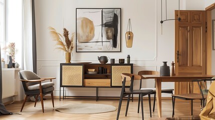 Design a Scandinavian-style dining room with a black frame, featuring an abstract painting hanging on the wall above a wooden sideboard and table. The room also includes chairs around it, creating a
