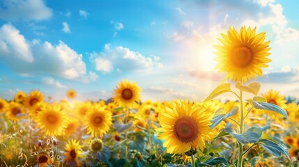 Obraz premium Vista panoramica de un campo de girasoles, espacio para texto en el cielo azul, luz brillante
