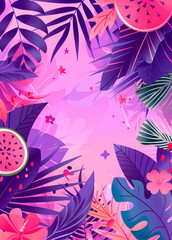 Summer background with watermelon slices and tropical leaves in pink and purple colors. Illustration. Vertical