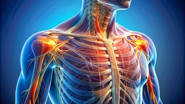 Illustration of human shoulder anatomy highlighting affected deltoid muscle and brachial plexus nerve pathways causing pain and discomfort.