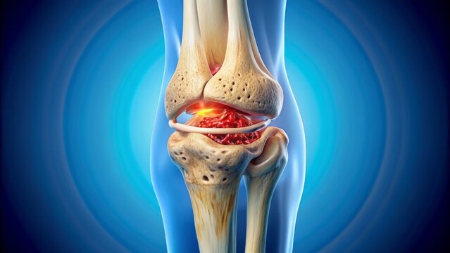 Detailed illustration of a medial knee joint section showcasing arthritic damage to meniscus and surrounding bones, tendons, and ligaments.