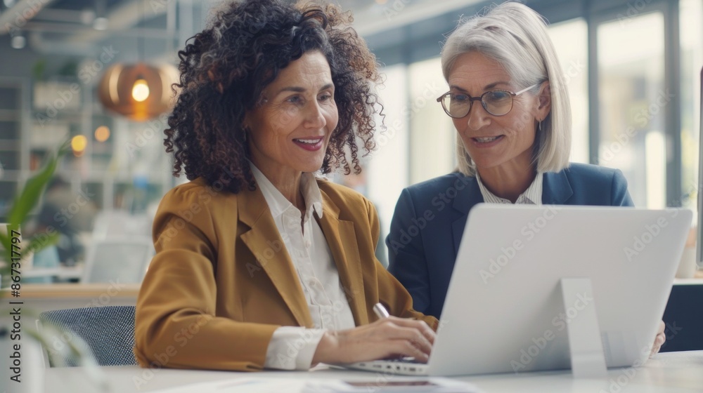 Poster two smiling women in business attire work together on a laptop computer in a modern office setting