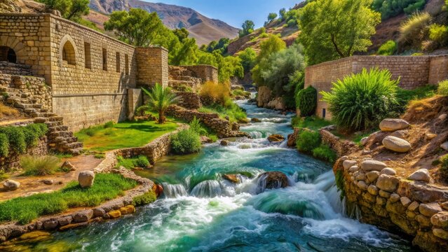Serene landscape of flowing water amidst lush greenery and rustic stone walls in rural Iraqi countryside near Erbil city.