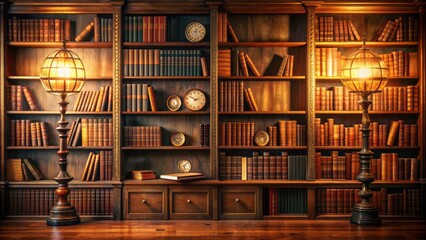 Warm-toned vintage-inspired academic background with dimly lit wooden shelves, classic clock, and scattered books, evoking wisdom and sophistication.