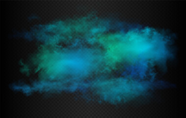 Ocean blue, teal, cobalt, azure, lapis colorful horizontal smoke cloud. Vector realistic water mist isolated on the semi transparent dark background