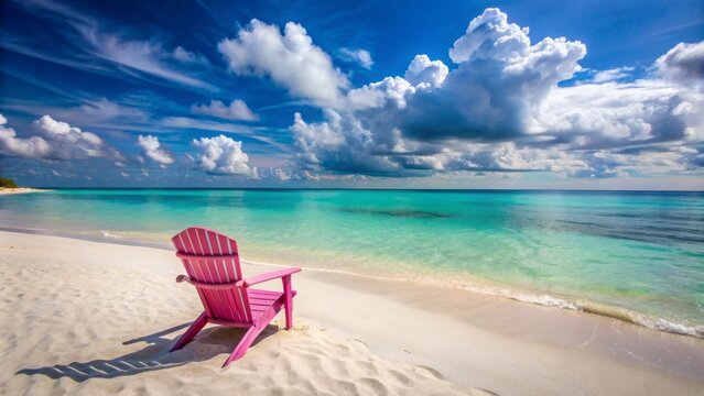Serenity awaits on a tranquil beach with a solitary pink chair nestled in powdery white sand against turquoise waters.
