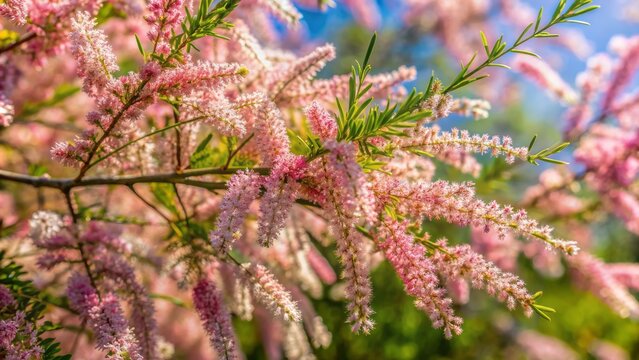 Delicate pink blooming Tamarix parviflora flowers, also known as smallflower tamarisk, bloom amidst lush green foliage on a sunny spring day.