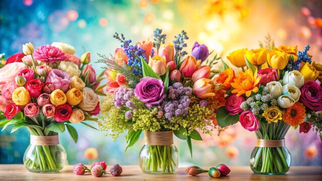 Vibrant multicolored bouquets of freshly picked flowers arranged artfully against a soft pastel background, exuding springtime elegance and subtle sophistication.