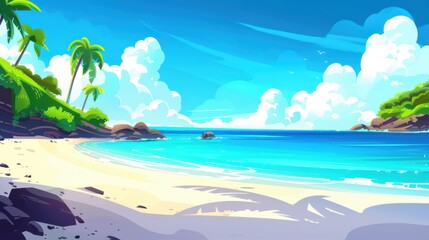 Serene Tropical Beach Paradise with Palm Trees and Turquoise Water, Digital Art