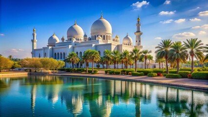 Obraz premium Iconic white dome museum surrounded by calm turquoise water and lush greenery on a serene sunny day in Abu Dhabi.