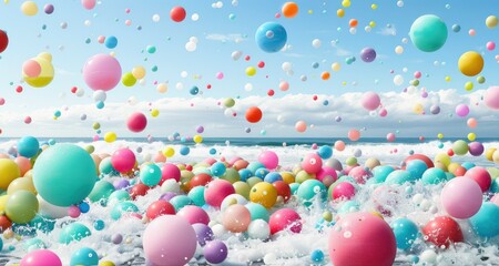 A sea of colorful balloons floats on the surface of a white sandy beach on a bright, sunny day