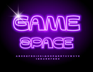 Vector neon poster Game Space. Glowing Violet Font. Stylish Alphabet Letters and Numbers set.