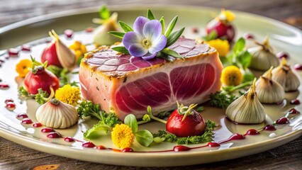 Elegant presentation of seared tuna loin atop artichoke heart, garnished with microgreens and edible flowers on fine china plate.