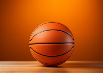 Obraz premium Basketball ball on the parquet floor on a flat orange background.