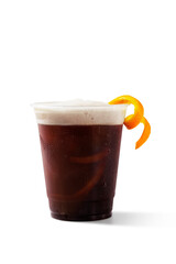 Fresh Delicious Ice Chocolate Drink on Plastic Cup with Orange Peel as Garnish. Fruit Cold Cocoa Beverage. Juice, Syrup, Punch Cocktail, Mocktail, Soda, Squash. Bar, Cafe, Restaurant