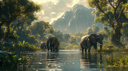 Elephants wade through a serene, sunlit river surrounded by lush jungle foliage and towering mountains image.