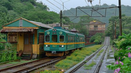 Obraz premium A green and yellow train travels on wet tracks past a colorful, rustic station surrounded by lush greenery image.