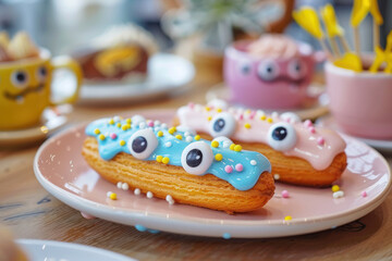 Set of children's eclairs with beautiful eyes in a plate. Kid's party.