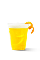 Fresh Delicious Ice Drink on Plastic Cup with Orange Peel as Garnish. Fruit Summer Colorful Cold Beverage. Juice, Syrup, Punch Cocktail, Mocktail, Soda, Squash. Bar, Cafe, Restaurant Menu foam