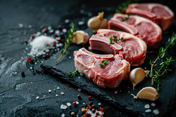 Raw lamb chops with garlic, herbs, and spices on a dark slate surface