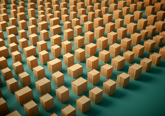 Fototapeta premium Creative 3d background with many miniatures of brown residential buildings on green background. Housing area. Real estate. Вevelopment of new residential areas.