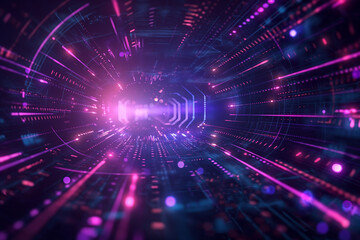 Fototapeta premium Dark colored digital tunnel with purple lines in motion. High speed data transmission.