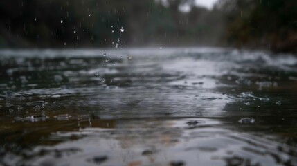 Rain drops on the water surface in the rain. Shallow depth of field