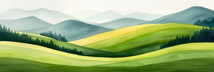 Obraz premium A watercolor illustration of a sunlit mountain meadow with warm yellows and soft green hues bright simple watercolour 