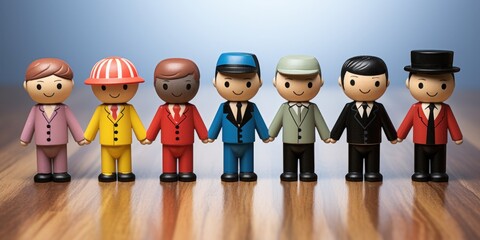 A Row of Diverse Wooden Toy Figures