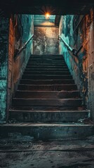 Abandoned Staircase in Graffiti Alley - Eerie staircase in a graffiti-covered alley, illuminated by a single light bulb, creating a haunting urban atmosphere.