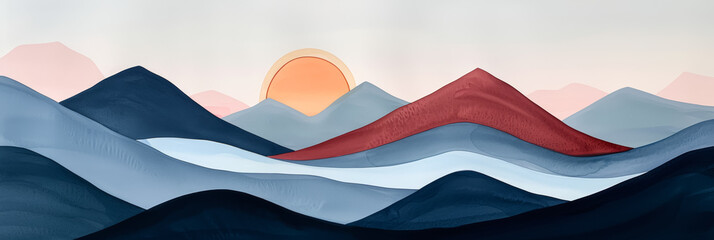 A watercolor illustration of a twilight mountain silhouette with rich maroon and deep navy bright simple watercolour 