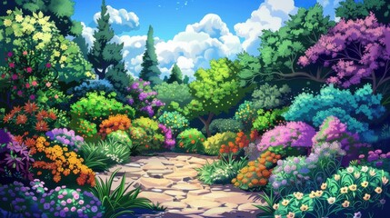 Enchanting garden path blooming with vibrant flowers, lush greenery, and towering trees on a bright sunny day. Digital illustration of a spring or summer landscape for backgrounds.