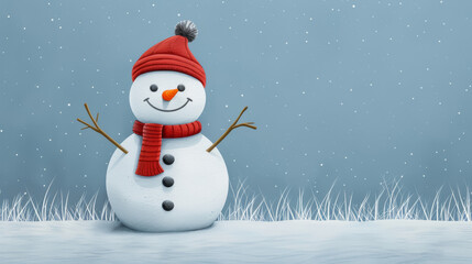 Obraz premium An adorable snowman with a carrot nose and a red scarf in a winter wonderland watercolour illustration 