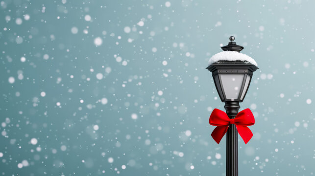 An old fashioned lamp post with a festive red bow and falling snow watercolour illustration 