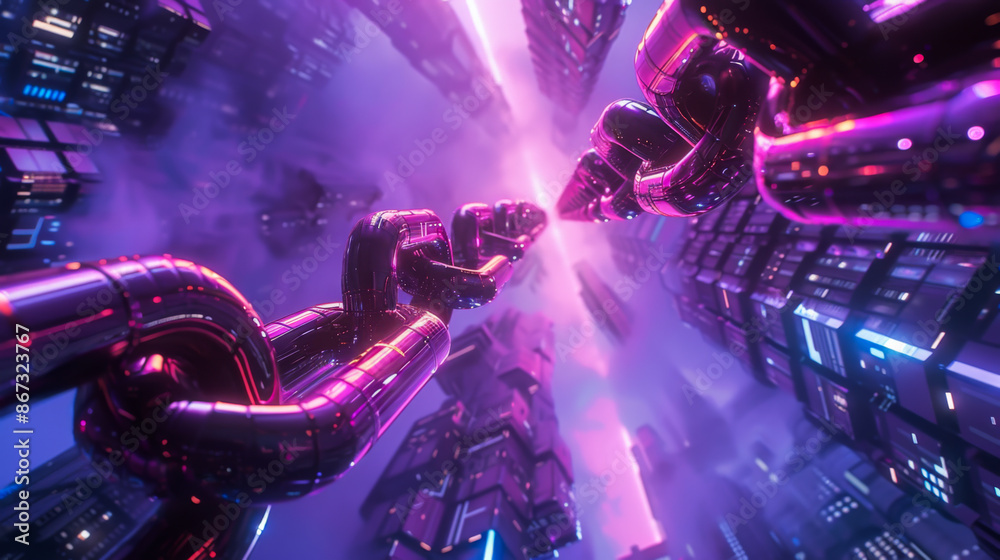 Wall mural abstract futuristic image of blockchain symbolized on long neon chains in a technological environmen