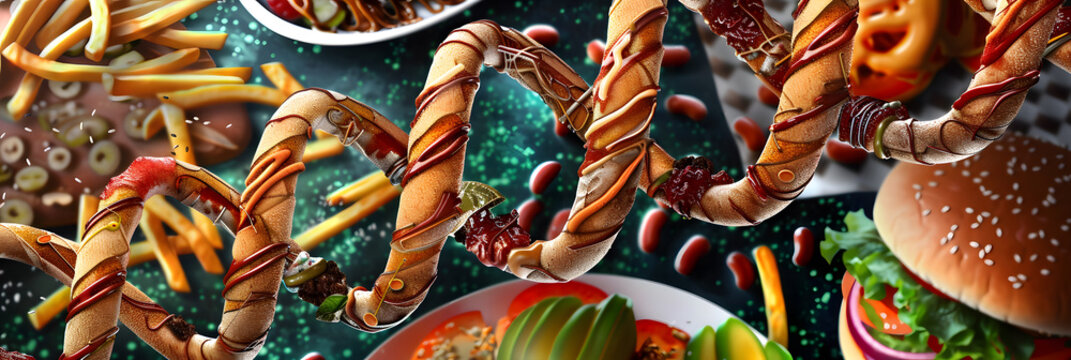 Junk Food Gene or fat mass and obesity associated genetics or FTO as a Fast-food concept with a DNA strand representing genetics and unhealthy eating affecting genes.