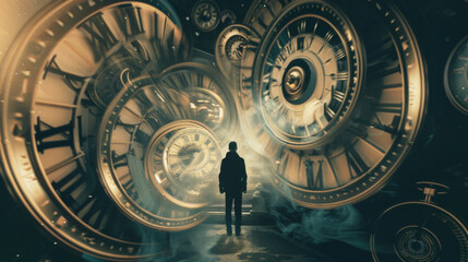 Fototapeta premium A clock is shown in the center of a spiral. The clock is surrounded by a blue and orange background. The spiral is filled with fire and smoke, giving the image a sense of chaos and destruction.